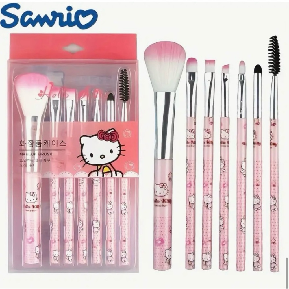Hello Kitty 7 PC Makeup Brush Set Pink Sanrio Cartoon Brushes Eyeshadow